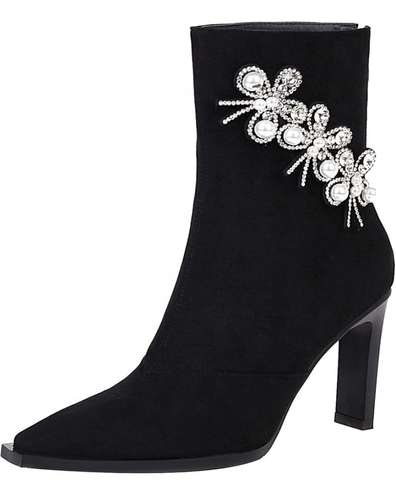 Women Elegant Evening Dress Ankle Boots Women Block Heel Flower Ankle Boots Women Zip Pointed Toe Ankle Boots Black $32.39 Boots