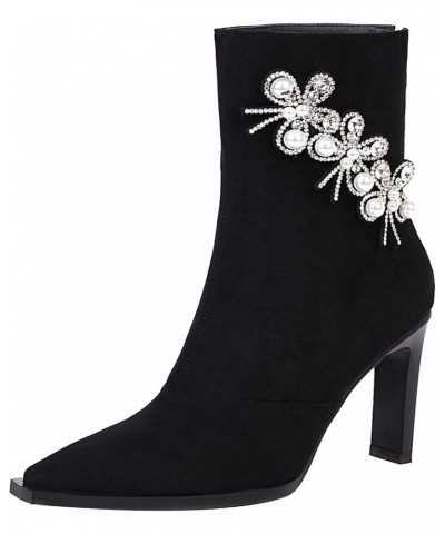 Women Elegant Evening Dress Ankle Boots Women Block Heel Flower Ankle Boots Women Zip Pointed Toe Ankle Boots Black $32.39 Boots