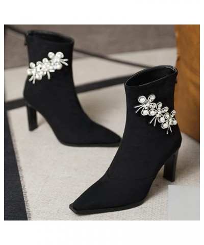 Women Elegant Evening Dress Ankle Boots Women Block Heel Flower Ankle Boots Women Zip Pointed Toe Ankle Boots Black $32.39 Boots