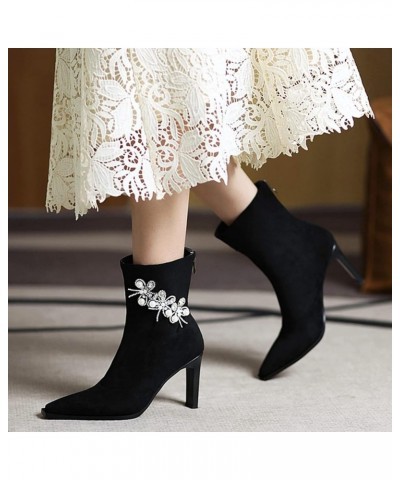 Women Elegant Evening Dress Ankle Boots Women Block Heel Flower Ankle Boots Women Zip Pointed Toe Ankle Boots Black $32.39 Boots