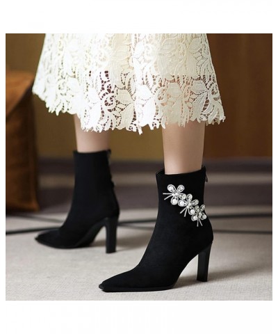 Women Elegant Evening Dress Ankle Boots Women Block Heel Flower Ankle Boots Women Zip Pointed Toe Ankle Boots Black $32.39 Boots