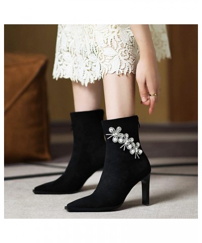 Women Elegant Evening Dress Ankle Boots Women Block Heel Flower Ankle Boots Women Zip Pointed Toe Ankle Boots Black $32.39 Boots