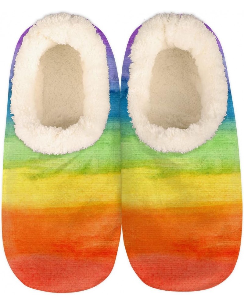 Rainbow Stripes Women Closed Back House Slippers, Multicolor Stripes Womens Mens Winter Indoor Slippers, Soft Cozy Warm Fuzzy...