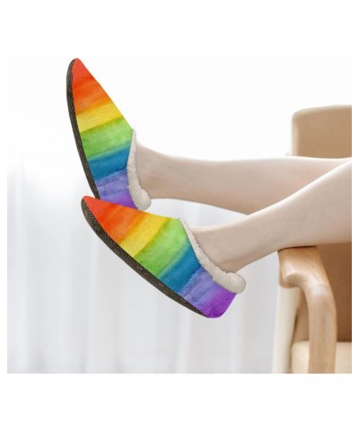 Rainbow Stripes Women Closed Back House Slippers, Multicolor Stripes Womens Mens Winter Indoor Slippers, Soft Cozy Warm Fuzzy...