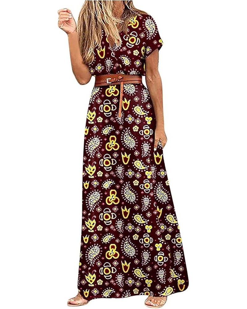 Summer Dresses for Women Sexy Split Maxi Dress High Waist Dress Printed Short Sleeve Casual Wrap V Neck Work Dress Wine $10.6...