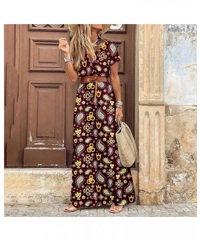 Summer Dresses for Women Sexy Split Maxi Dress High Waist Dress Printed Short Sleeve Casual Wrap V Neck Work Dress Wine $10.6...