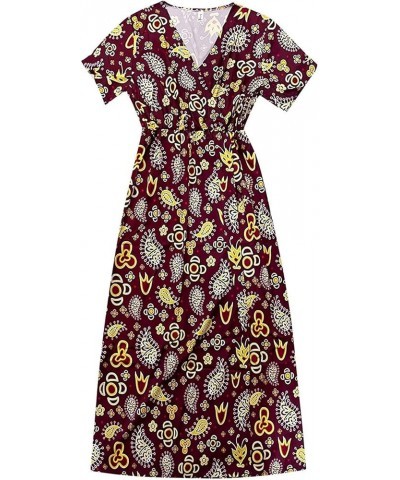 Summer Dresses for Women Sexy Split Maxi Dress High Waist Dress Printed Short Sleeve Casual Wrap V Neck Work Dress Wine $10.6...