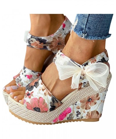 Womens Sandals Wedge Womens Espadrilles Wedges Sandals Floral Bowknot Lace Up Summer Wedge Platform Sandals Hot Pink $13.11 O...