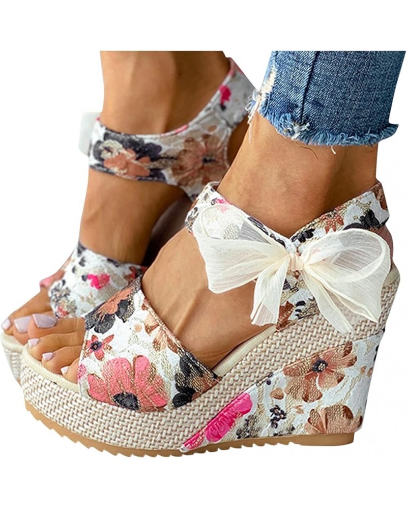 Womens Sandals Wedge Womens Espadrilles Wedges Sandals Floral Bowknot Lace Up Summer Wedge Platform Sandals Hot Pink $13.11 O...