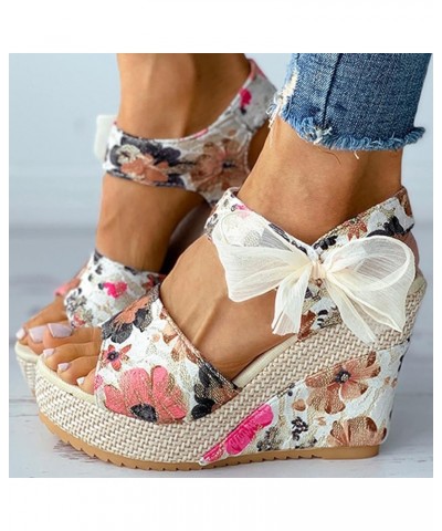 Womens Sandals Wedge Womens Espadrilles Wedges Sandals Floral Bowknot Lace Up Summer Wedge Platform Sandals Hot Pink $13.11 O...