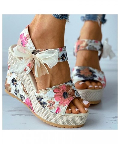 Womens Sandals Wedge Womens Espadrilles Wedges Sandals Floral Bowknot Lace Up Summer Wedge Platform Sandals Hot Pink $13.11 O...