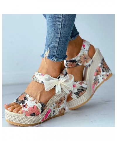 Womens Sandals Wedge Womens Espadrilles Wedges Sandals Floral Bowknot Lace Up Summer Wedge Platform Sandals Hot Pink $13.11 O...