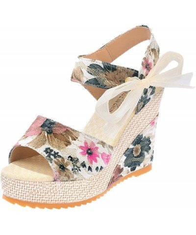 Womens Sandals Wedge Womens Espadrilles Wedges Sandals Floral Bowknot Lace Up Summer Wedge Platform Sandals Hot Pink $13.11 O...