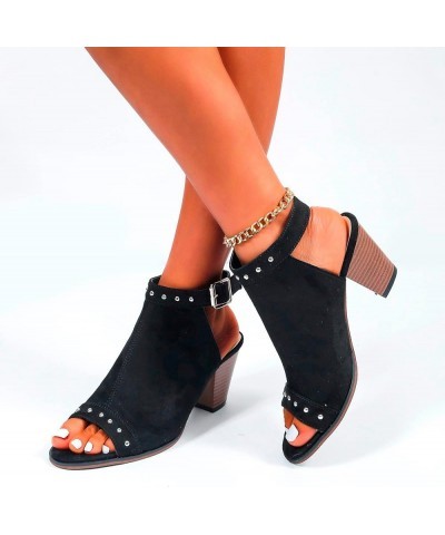 Summer Women Flock Solid Color Buckle Strap Casual Breathable Fish Mouth Square Heels Shoes Sandals Slide Sandals Womens Blac...