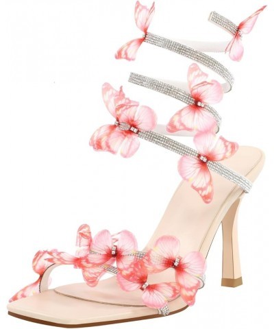 Women's Rhinestone Stiletto Heeled Sandals Ankle Wrap Square Toe Flowers Slip on Wedding High Heels Pink $33.99 Sandals