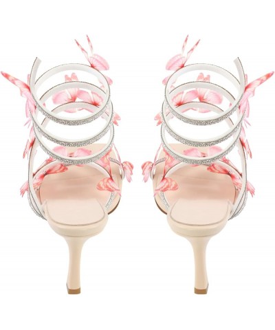 Women's Rhinestone Stiletto Heeled Sandals Ankle Wrap Square Toe Flowers Slip on Wedding High Heels Pink $33.99 Sandals