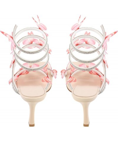 Women's Rhinestone Stiletto Heeled Sandals Ankle Wrap Square Toe Flowers Slip on Wedding High Heels Pink $33.99 Sandals