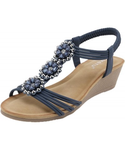 Women Casual Strappy Sandal Chunky Heels Two Strap High Heeled Sandal Adjustable Ankle Strap Classic Slide Sandals Blue $20.1...