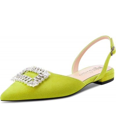 Women Chunky Block Low Heel Pointed Toe Flats Shoes Slingback Buckle Rhinestone Crystal Party Cute 0.6 Inches Heels Lime Gree...