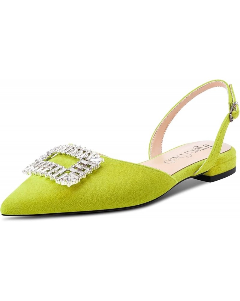 Women Chunky Block Low Heel Pointed Toe Flats Shoes Slingback Buckle Rhinestone Crystal Party Cute 0.6 Inches Heels Lime Gree...