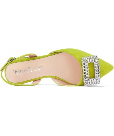 Women Chunky Block Low Heel Pointed Toe Flats Shoes Slingback Buckle Rhinestone Crystal Party Cute 0.6 Inches Heels Lime Gree...