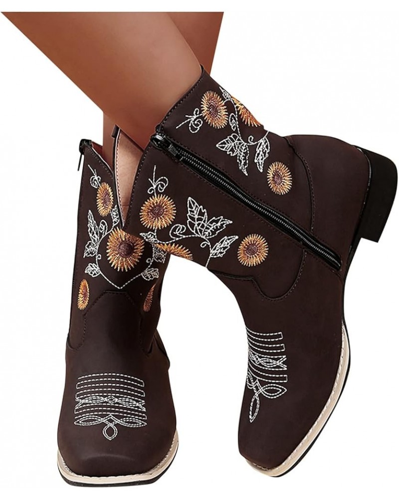 Cowboy Boots for Women Vintage Embroidery Mid Calf Cowgirl Western Boots Chunky Low Heel Slip on Wide Calf Boots Fashion Fall...