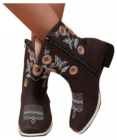 Cowboy Boots for Women Vintage Embroidery Mid Calf Cowgirl Western Boots Chunky Low Heel Slip on Wide Calf Boots Fashion Fall...