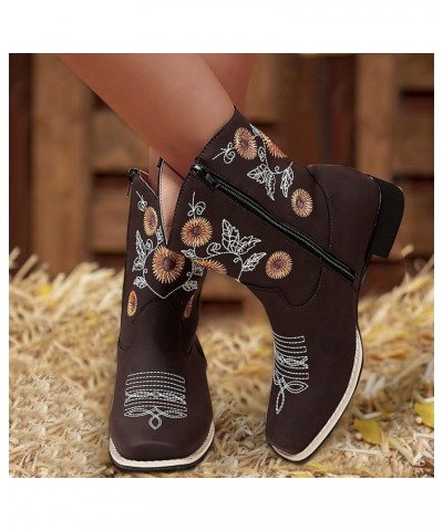 Cowboy Boots for Women Vintage Embroidery Mid Calf Cowgirl Western Boots Chunky Low Heel Slip on Wide Calf Boots Fashion Fall...