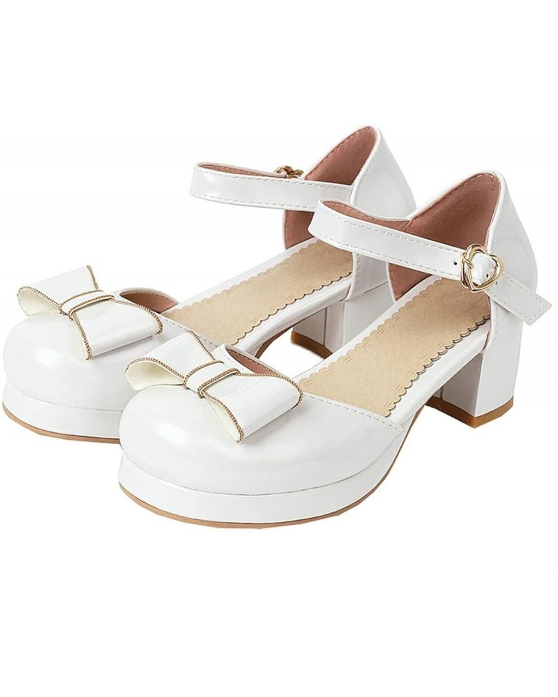 Women's Patent Chunky High Heeled Platform Ankle Strap Pumps with Block Heels Bow Cute Shoes White $25.86 Pumps