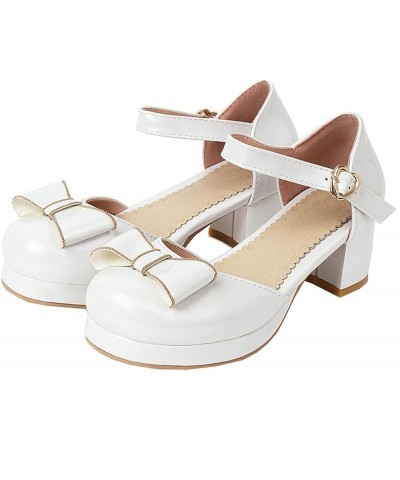 Women's Patent Chunky High Heeled Platform Ankle Strap Pumps with Block Heels Bow Cute Shoes White $25.86 Pumps