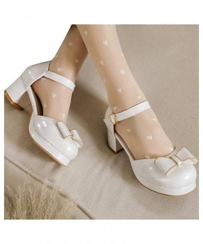 Women's Patent Chunky High Heeled Platform Ankle Strap Pumps with Block Heels Bow Cute Shoes White $25.86 Pumps