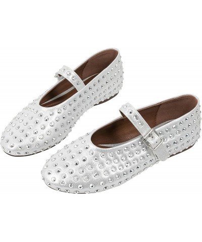 Women Glitter Mary Jane Flats Rhinestone Ballet Flats Silver Ballerina Shoes 823-silver $41.55 Flats