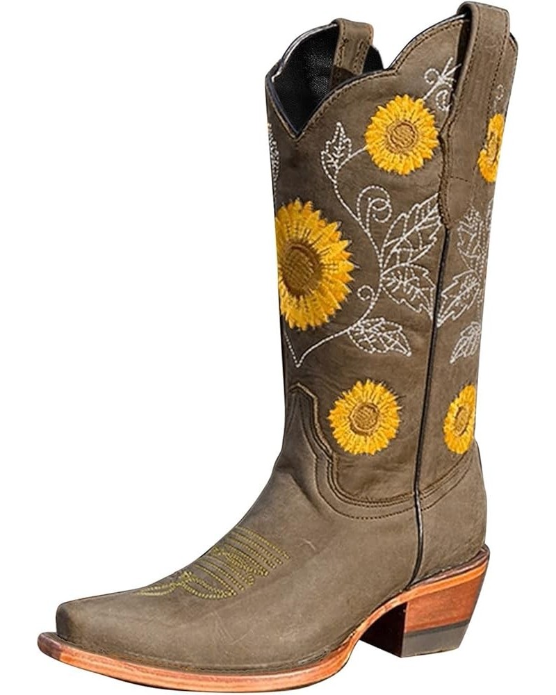 Women‘s Sunflower Embroidery Cowboy Mid Calf Boots Square Toe Chunky Heel Retro Buckle Strap Riding Boots Brown $24.78 Boots