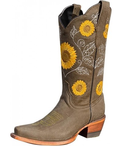 Women‘s Sunflower Embroidery Cowboy Mid Calf Boots Square Toe Chunky Heel Retro Buckle Strap Riding Boots Brown $24.78 Boots