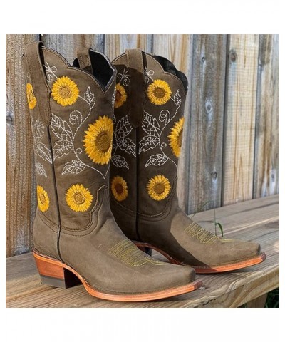 Women‘s Sunflower Embroidery Cowboy Mid Calf Boots Square Toe Chunky Heel Retro Buckle Strap Riding Boots Brown $24.78 Boots