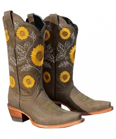 Women‘s Sunflower Embroidery Cowboy Mid Calf Boots Square Toe Chunky Heel Retro Buckle Strap Riding Boots Brown $24.78 Boots