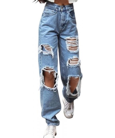 Denim Elastic Waist Trousers Button Jeans Hole High Pants Pocket Loose Women Pants Blue - 2024 Pants for Women $14.25 Slippers