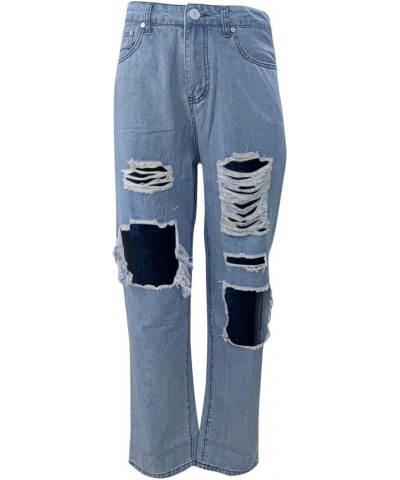 Denim Elastic Waist Trousers Button Jeans Hole High Pants Pocket Loose Women Pants Blue - 2024 Pants for Women $14.25 Slippers