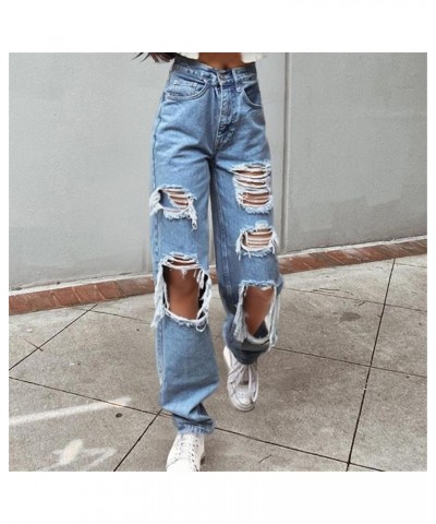 Denim Elastic Waist Trousers Button Jeans Hole High Pants Pocket Loose Women Pants Blue - 2024 Pants for Women $14.25 Slippers