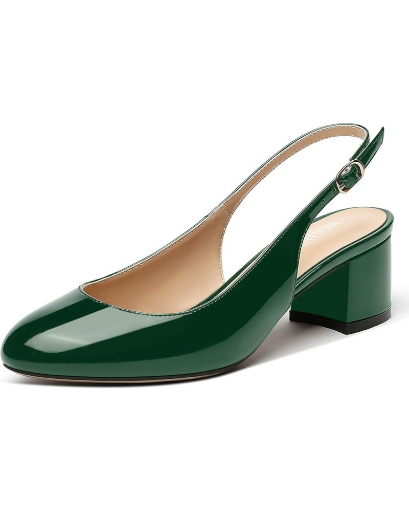 Women's Buckle Slingback Round Toe Patent Block Solid Chunky Low Heel Pumps Shoes 2 Inch Dark Green $34.55 Pumps