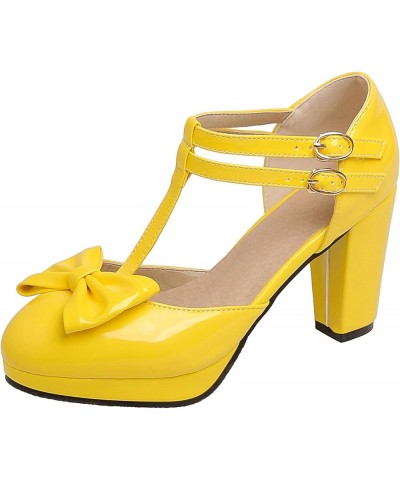 Women Closed Toe T Strap Mary Jane Block Heels Platform Sandals Bows Yellow $24.63 Pumps