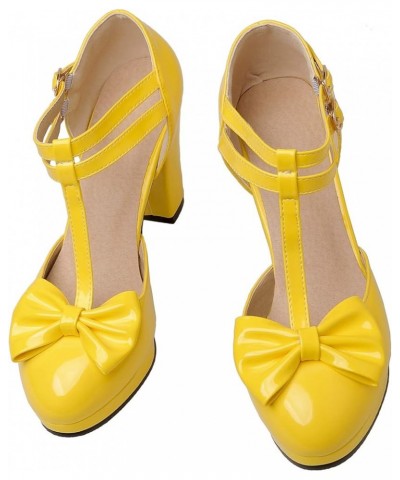 Women Closed Toe T Strap Mary Jane Block Heels Platform Sandals Bows Yellow $24.63 Pumps