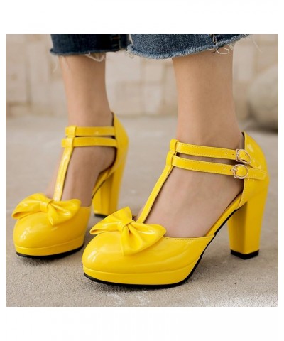 Women Closed Toe T Strap Mary Jane Block Heels Platform Sandals Bows Yellow $24.63 Pumps