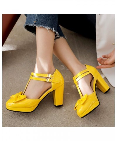 Women Closed Toe T Strap Mary Jane Block Heels Platform Sandals Bows Yellow $24.63 Pumps