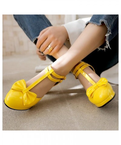 Women Closed Toe T Strap Mary Jane Block Heels Platform Sandals Bows Yellow $24.63 Pumps