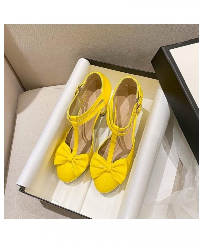 Women Closed Toe T Strap Mary Jane Block Heels Platform Sandals Bows Yellow $24.63 Pumps