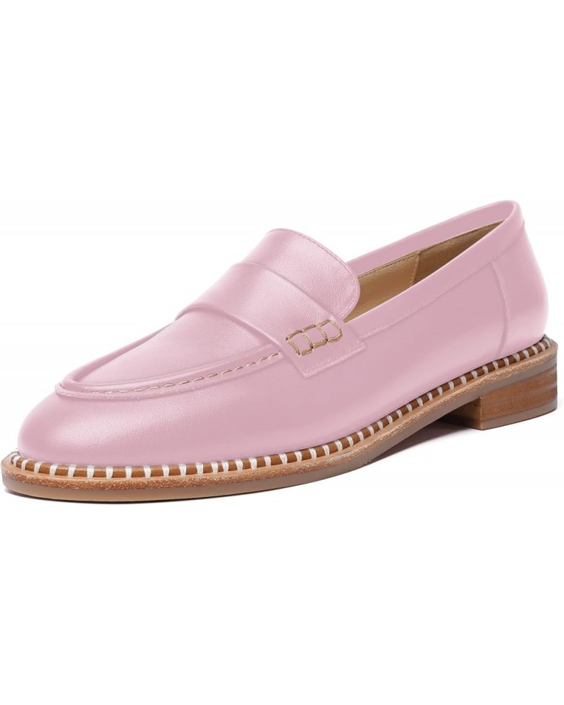 Womens Penny Matte Leather Casual Slip On Round Toe Work Chunky Low Heel Loafers Dress Shoes 1 Inch Pink $46.80 Loafers & Sli...