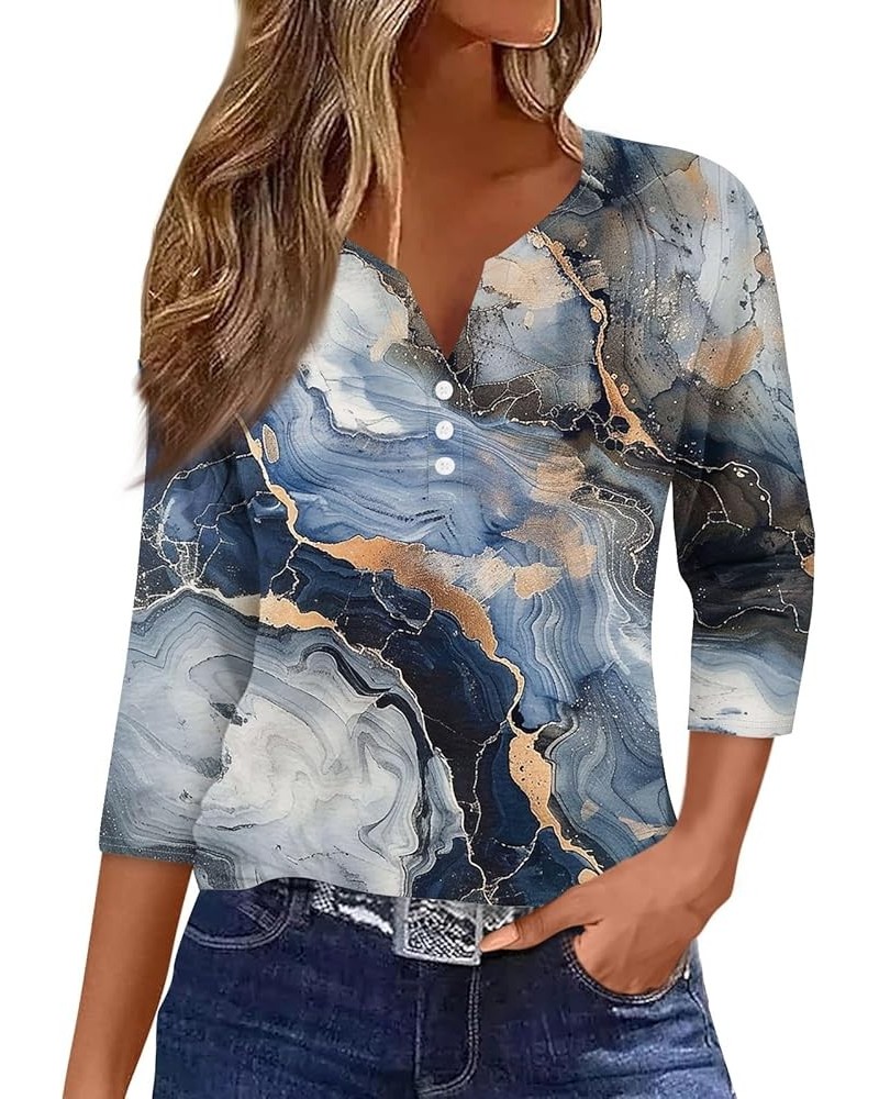 3/4 Sleeve T Shirts for Women Printed V Neck Blouses Button Down Summer Tshirt Dressy Casual Loose Tunic Tops 3-navy $9.45 Fa...