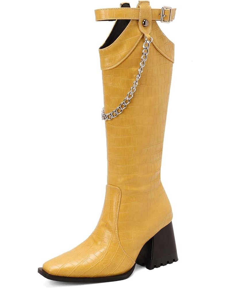 Women Block Heel Fashion Knee High Riding Boots Zipper Yellow 1 $34.79 Boots