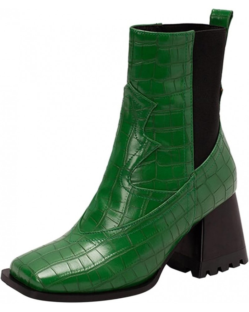 Women's Fashion Colorblock Leather Face Square Toe Chunky High Heel Elastic Mid Boots Biker Boots for Women Wide Green $24.24...